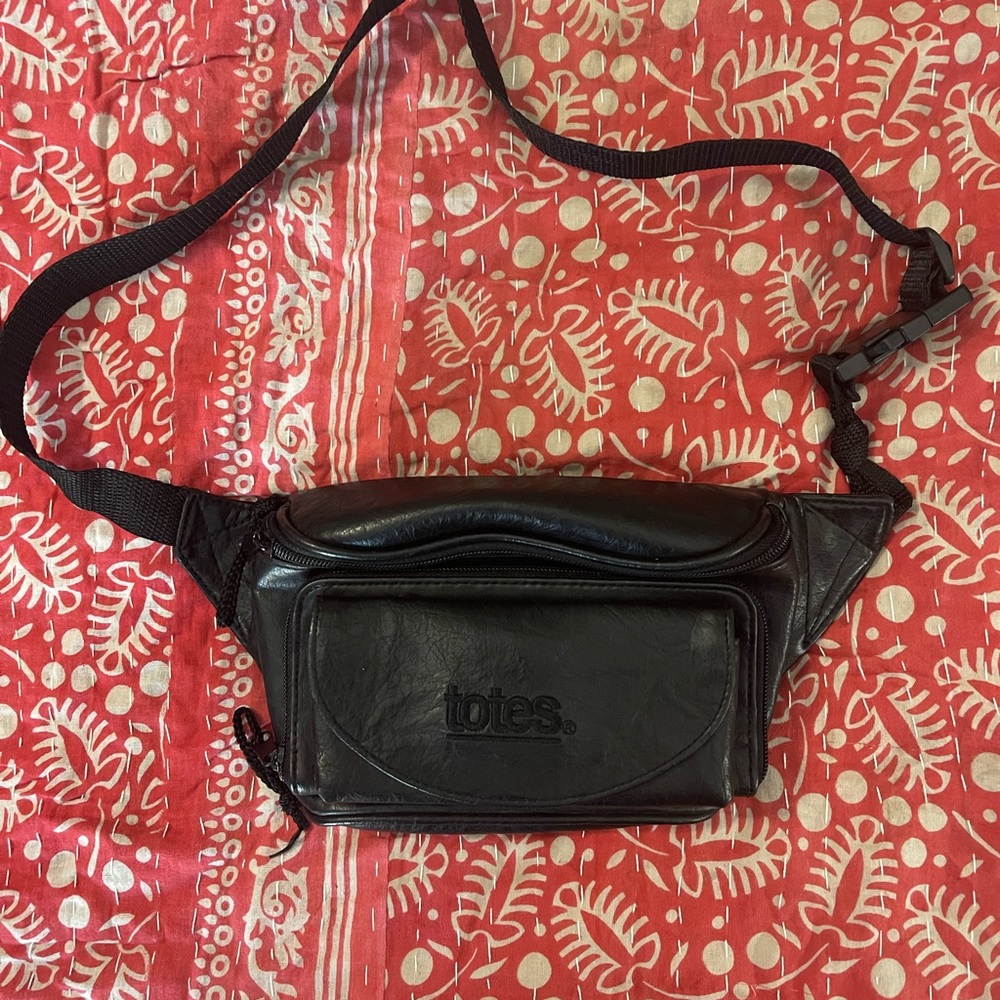 TOTES  Black Leather Belt Bag, front velcro snap, front zip & back zip pocket